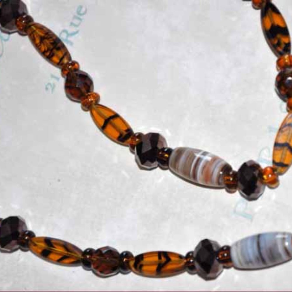 Tortoise Beads & Oblong Earthtone Banded Line Double Strand Beads 58" Necklace